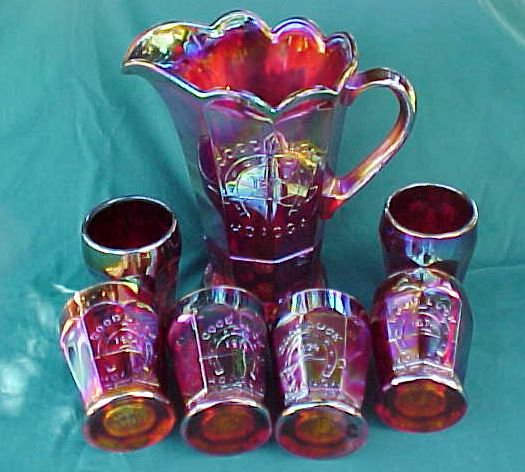 Indiana Glass Red Carnival Good Luck Pitcher and Tumblers