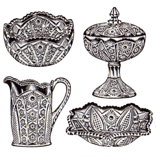 Center Bowl, Covered Compote, Pitcher and Square Cracker Dish as they appear in a 1911 Butler Brothers Wholsale Catalog Ad